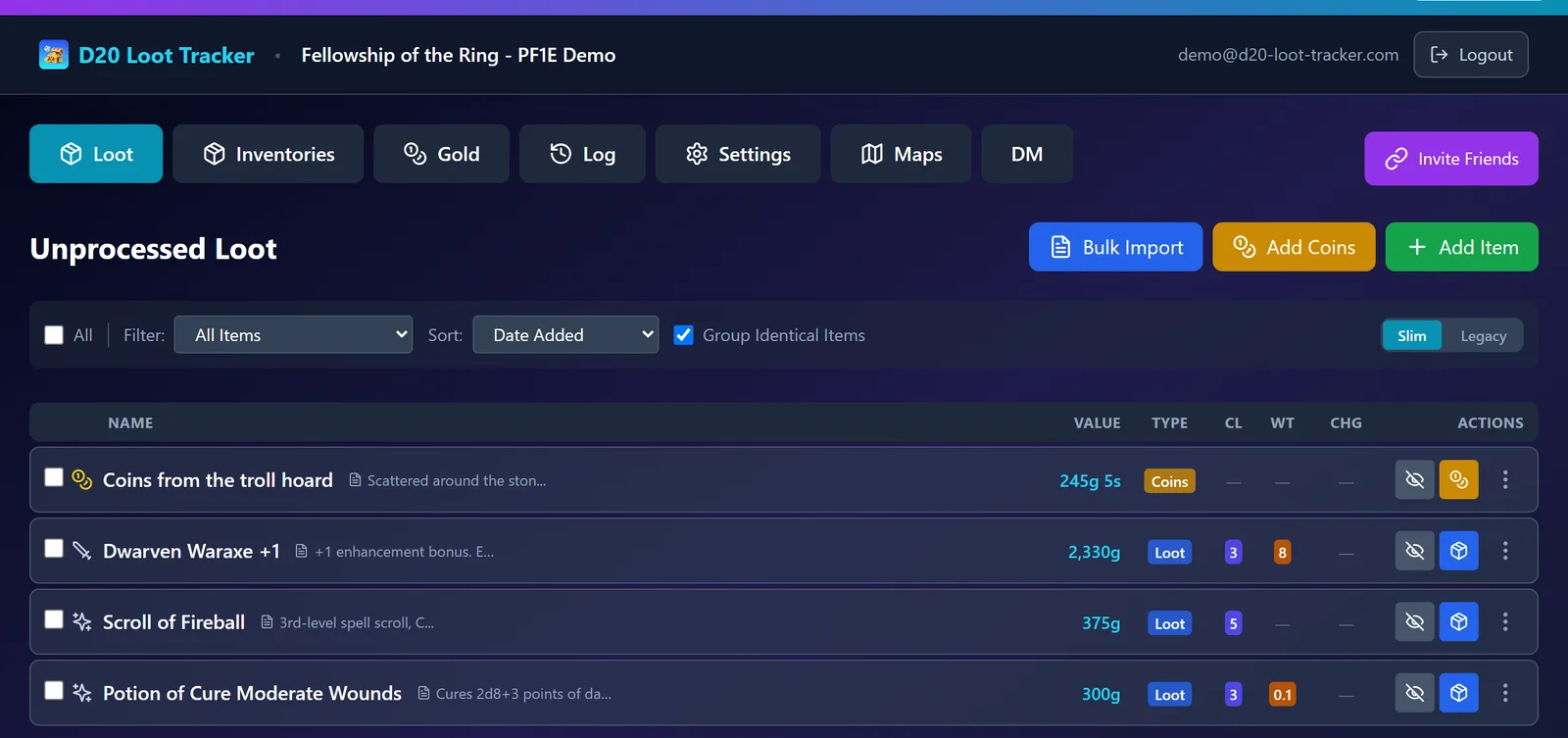 The D20 Loot Tracker web app's Unprocessed Loot tab for a Pathfinder 1e campaign, listing coins from the troll hoard, a Dwarven Waraxe +1, a Scroll of Fireball and a Potion of Cure Moderate Wounds