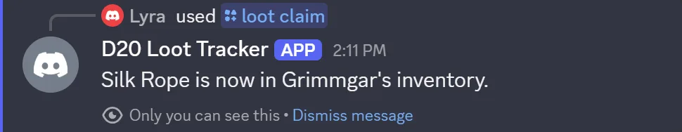 The bot's reply: Silk Rope is now in Grimmgar's inventory