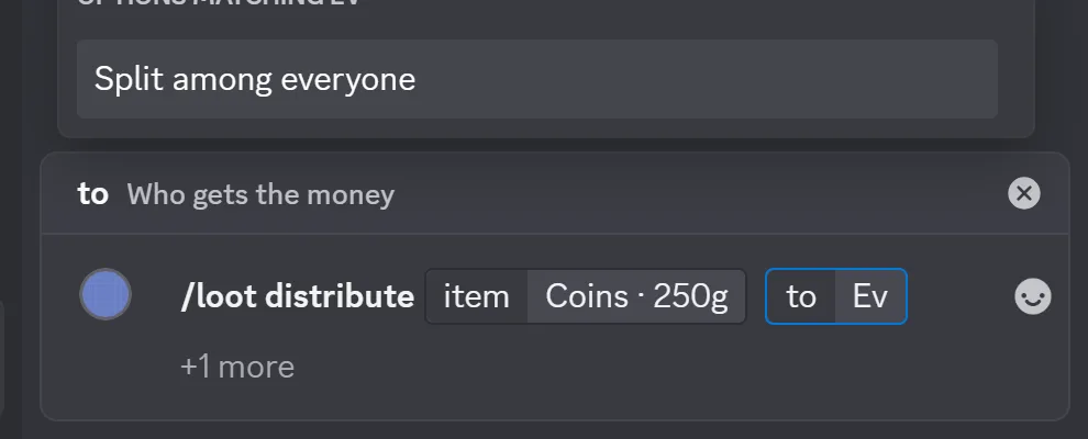 Typing /loot distribute in Discord, choosing Split among everyone from the list