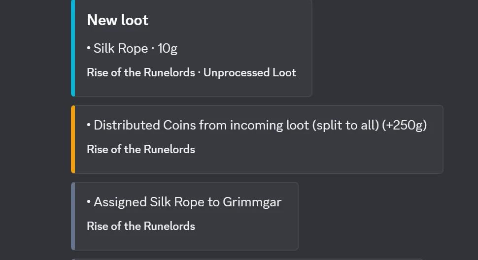 The channel feed: a silk rope added, coins distributed to everyone, and the rope assigned to Grimmgar