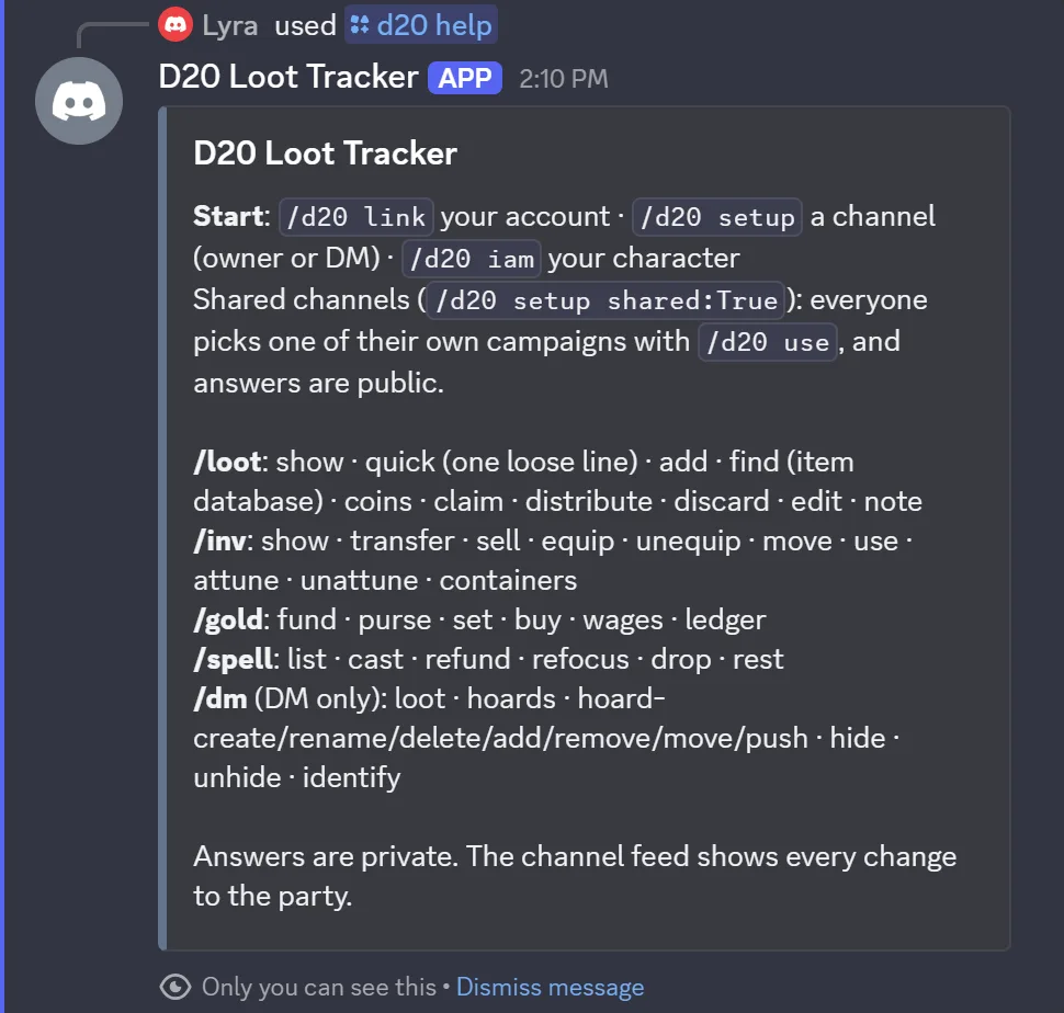 The bot's reply to /d20 help listing the /d20, /loot, /inv, /gold, /spell and /dm command groups