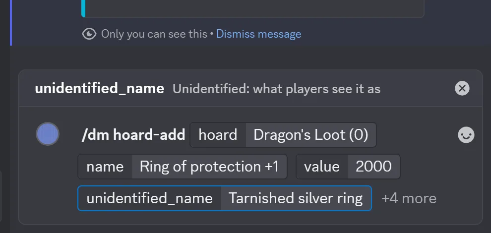 Typing /dm hoard-add in Discord with the hoard, name, value and unidentified_name options filled in