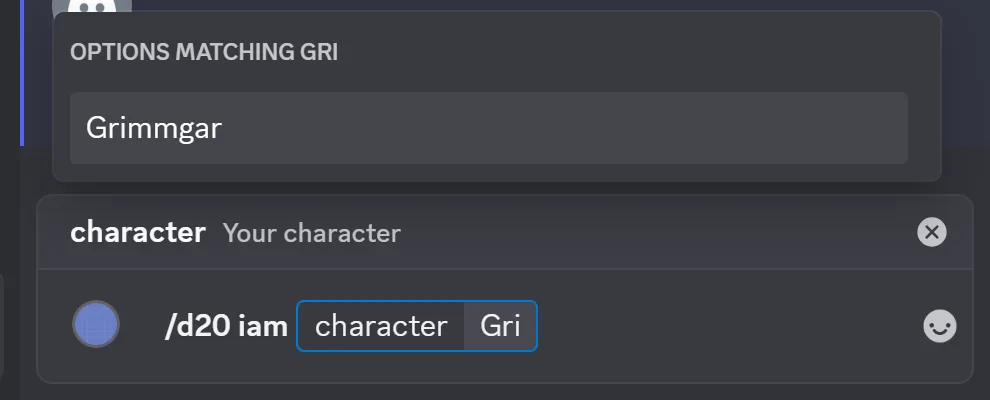 Typing /d20 iam in Discord with the character list showing Grimmgar