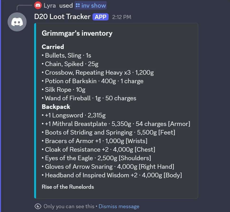 The bot's reply to /inv show: Grimmgar's inventory, carried items and a backpack with equipped slots marked