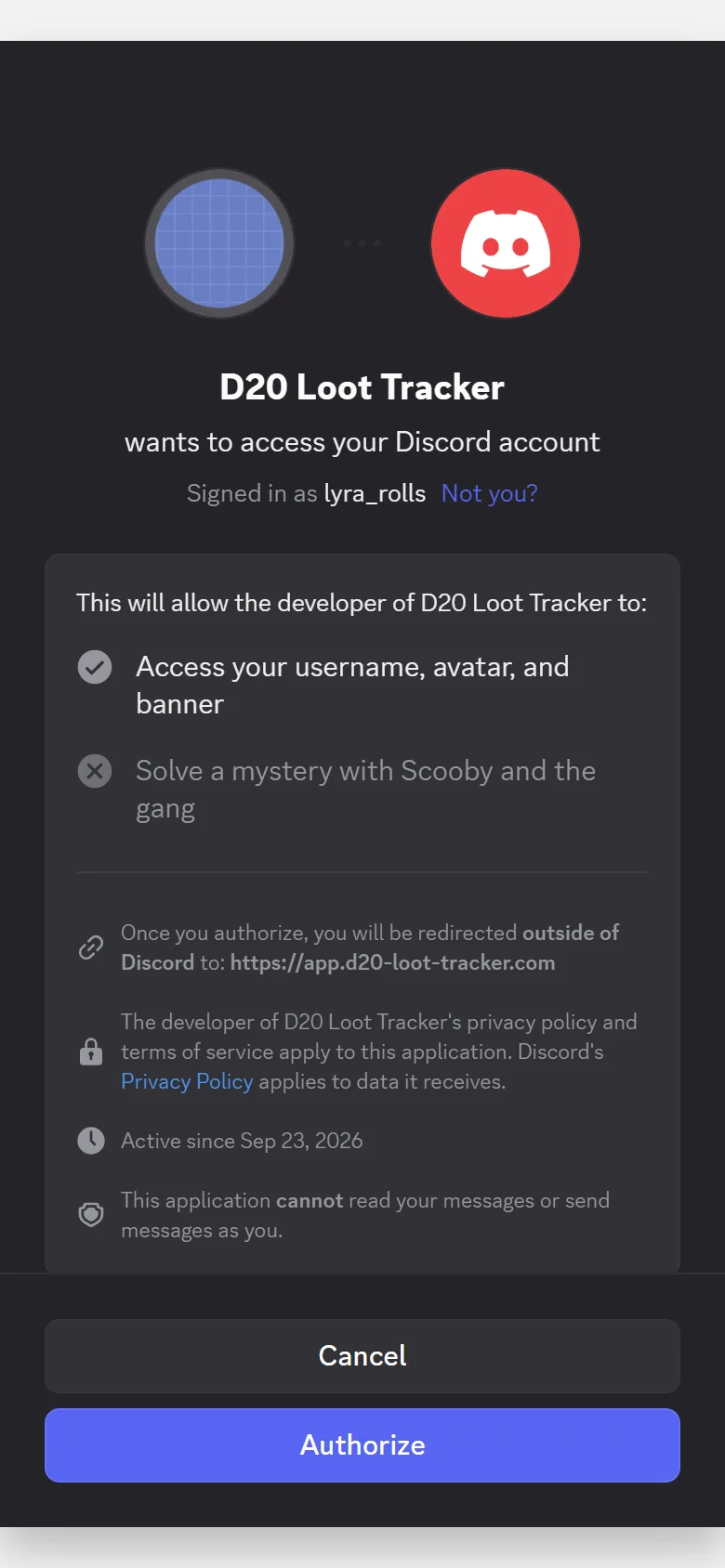 Discord's own authorize screen: D20 Loot Tracker wants to access your Discord account, signed in as lyra_rolls, with an Authorize button