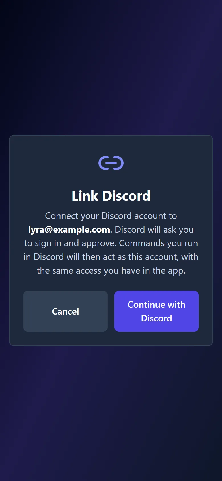 The link page in the app on a phone: Link Discord, connect your Discord account to lyra@example.com, with a Continue with Discord button