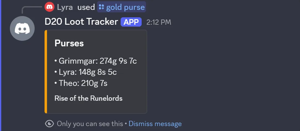 The bot's reply to /gold purse: Grimmgar 274g 9s 7c, Lyra 148g 8s 5c, Theo 210g 7s