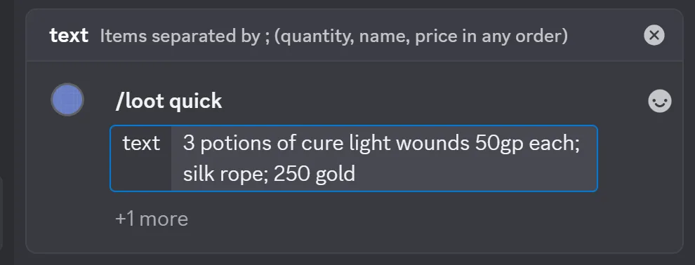The Discord message box with /loot quick and a one-line haul typed into it