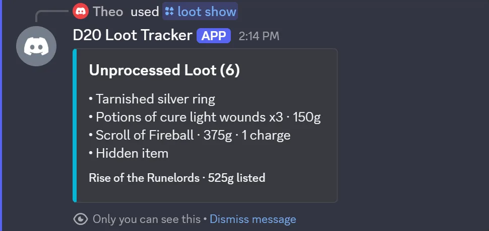 A player's /loot show: Tarnished silver ring listed with no value, and a hidden item