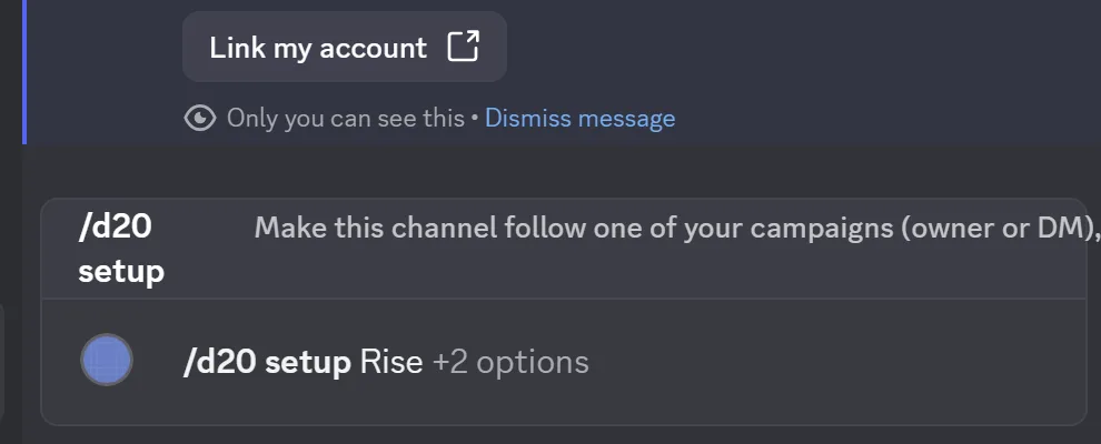 Typing /d20 setup in Discord with the campaign list showing Rise of the Runelords