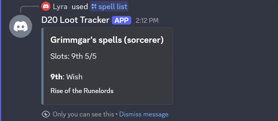 The bot's reply to /spell list: Grimmgar's spells, sorcerer, slots 9th 5/5, 9th: Wish