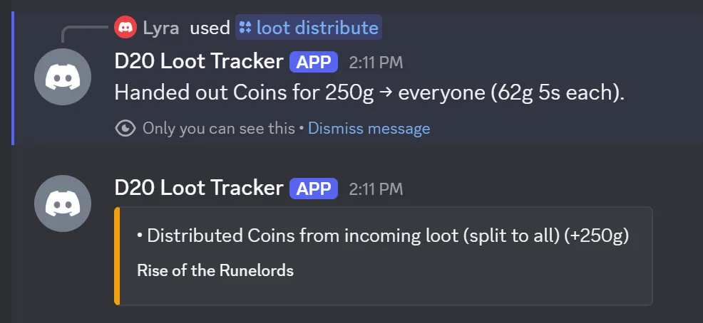 The bot's reply to a split, 62g 5s each, and the feed post the channel sees
