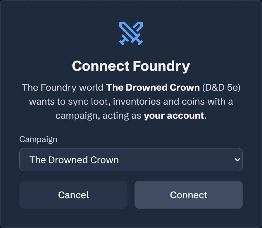 The app's Connect Foundry page with the code entered and the campaign picked