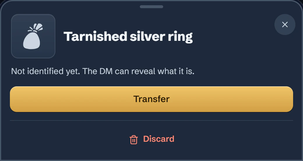 A player's view in the app: Tarnished silver ring, not identified yet, the DM can reveal what it is