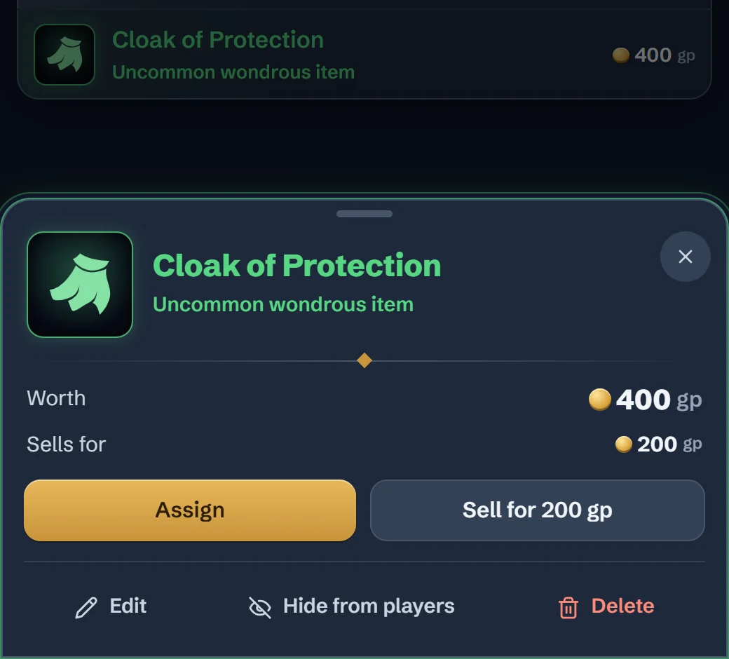The Cloak of Protection open in the app's Unprocessed Loot, worth 400 gp, with Assign and Sell for 200 gp buttons
