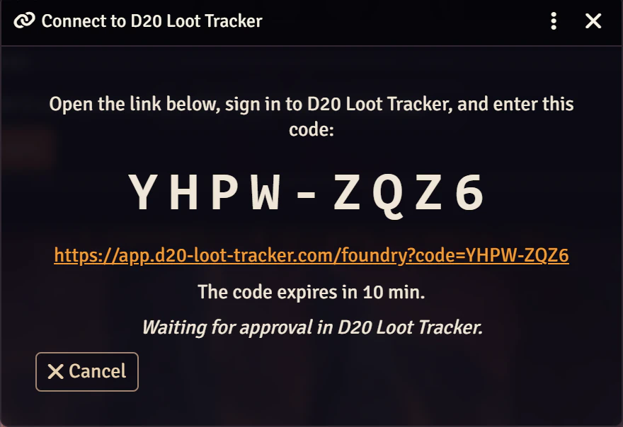 Foundry's Connect to D20 Loot Tracker window showing an eight-letter code and a link to the app