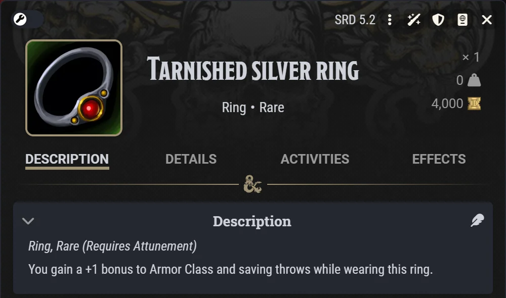 The GM's item sheet in Foundry VTT for an unidentified ring shown as Tarnished silver ring