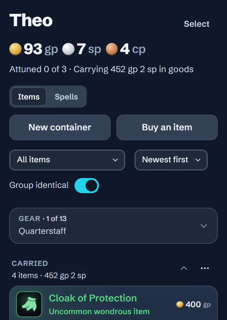 Theo in the D20 Loot Tracker app on a phone: 93 gp 7 sp 4 cp, and the Cloak of Protection he just claimed in his carried items