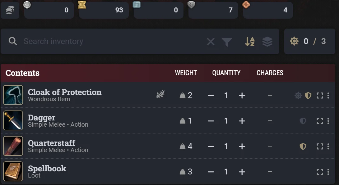Theo's inventory in Foundry VTT: 93 gold, 7 silver and 4 copper, with the Cloak of Protection at the top of his contents