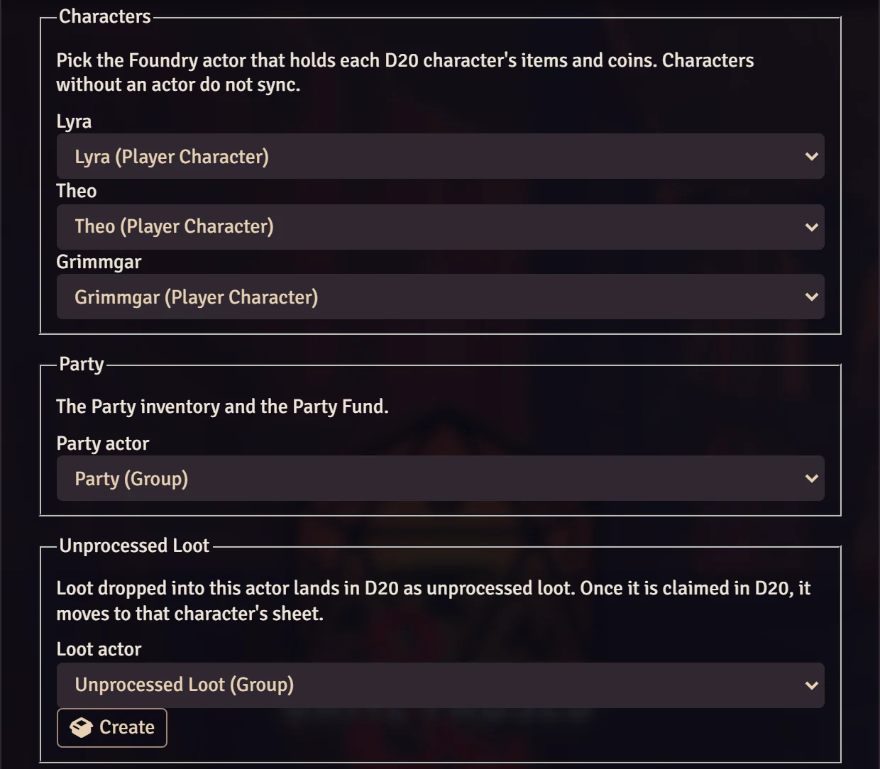 The module's settings window with three characters linked to their actors, a Party actor and an Unprocessed Loot actor