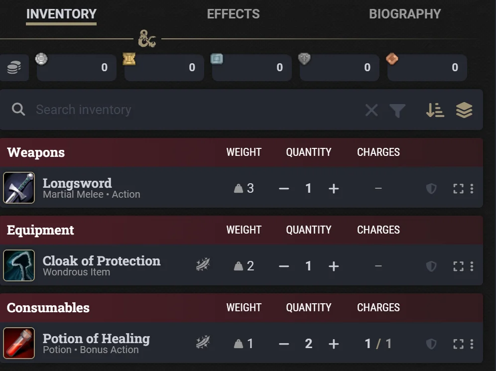 The Unprocessed Loot actor's inventory in a dnd5e world: a Longsword, a Cloak of Protection and two Potions of Healing