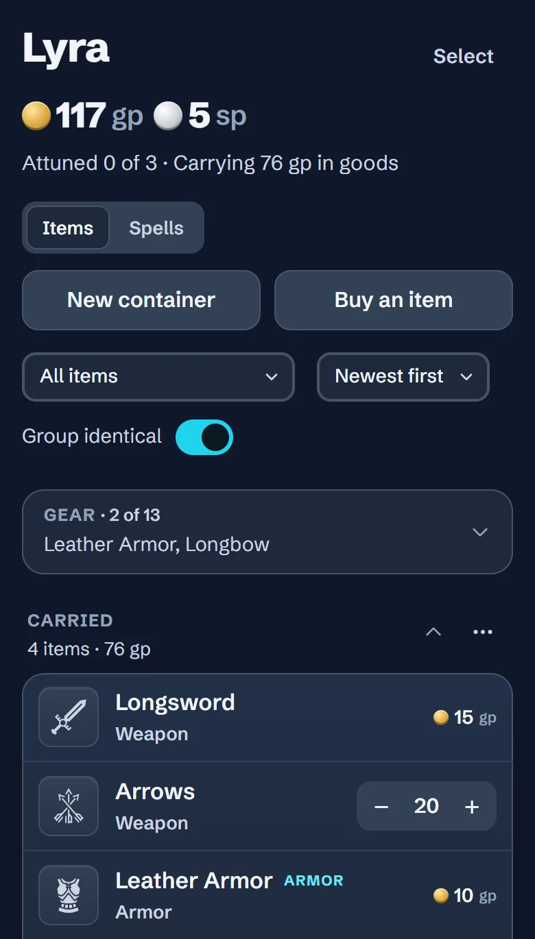 Lyra in the D20 Loot Tracker app on a phone: 117 gp 5 sp, and her Longsword, Arrows, Leather Armor and Longbow